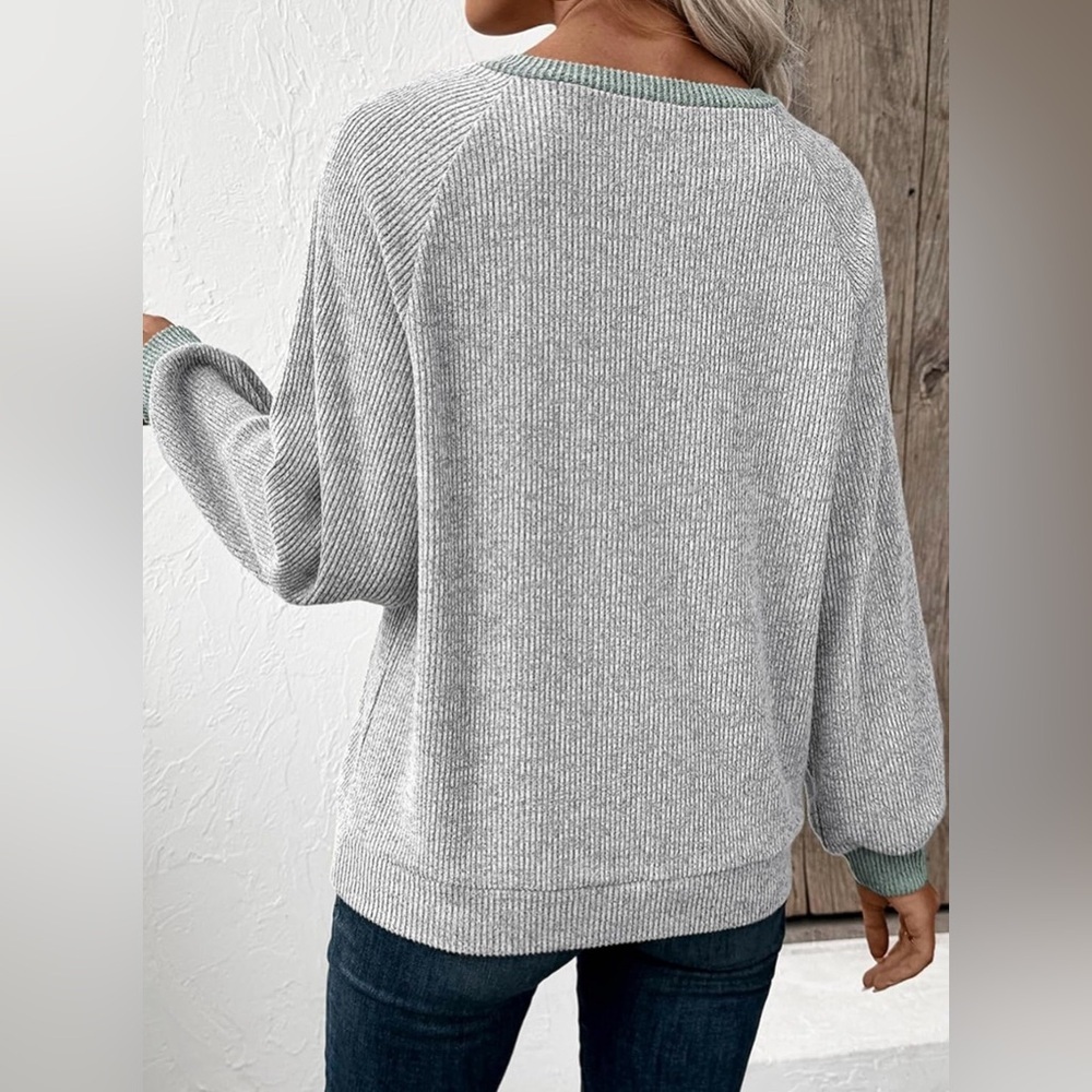 EVALESS Long Sleeve Patchwork Button Up V Neck Casual Pullover Top - Picture 6 of 14